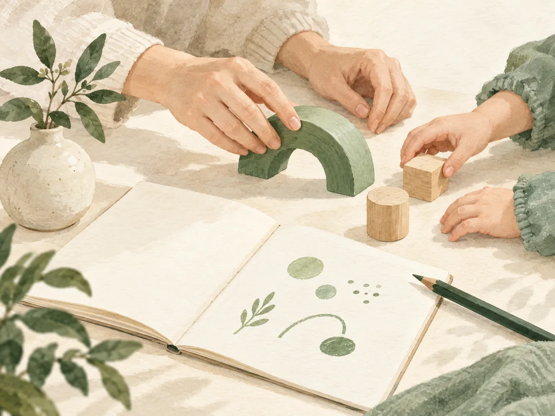아이와 보호자의 손, 초록 블록과 수첩을 그린 수채화
